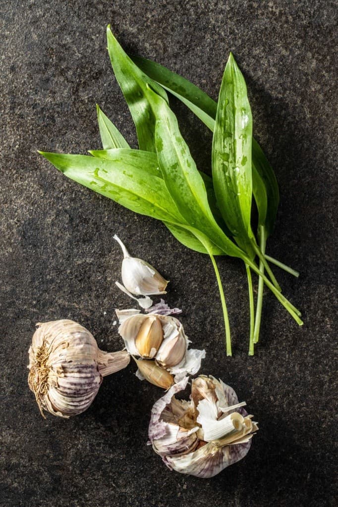 Fresh wild greens and garlic on a dark stone surface